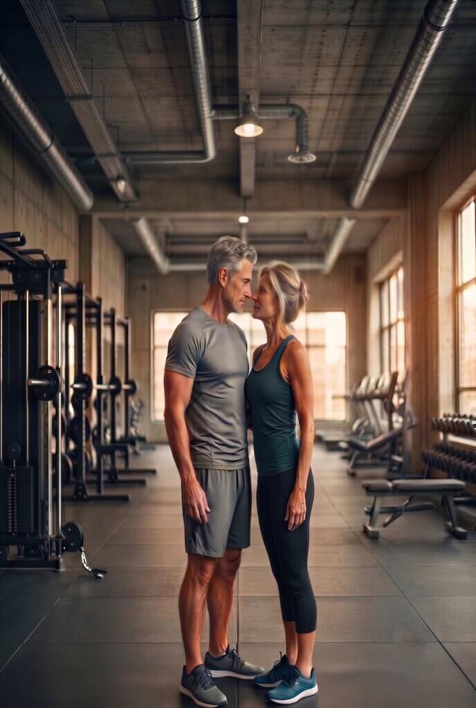 Couple strength training together in gym after 50