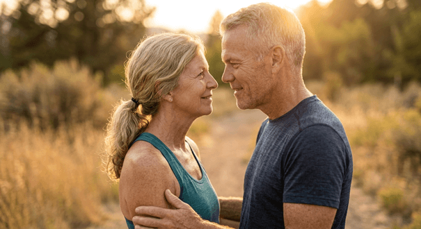 A fit mid-50s couple sharing a warm, affectionate look after an outdoor workout during golden hour