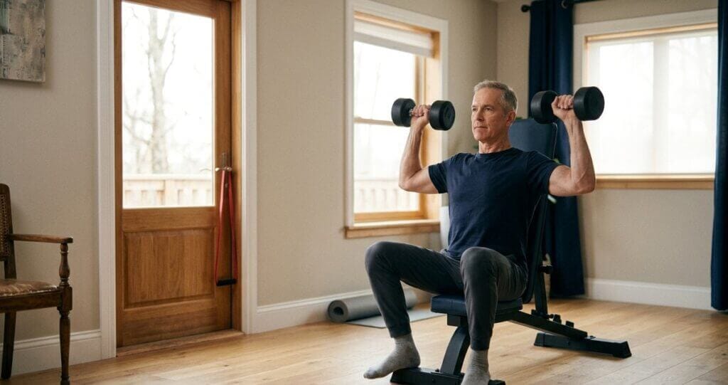 Man in his fifties doing a seated shoulder press with dumbbells at home