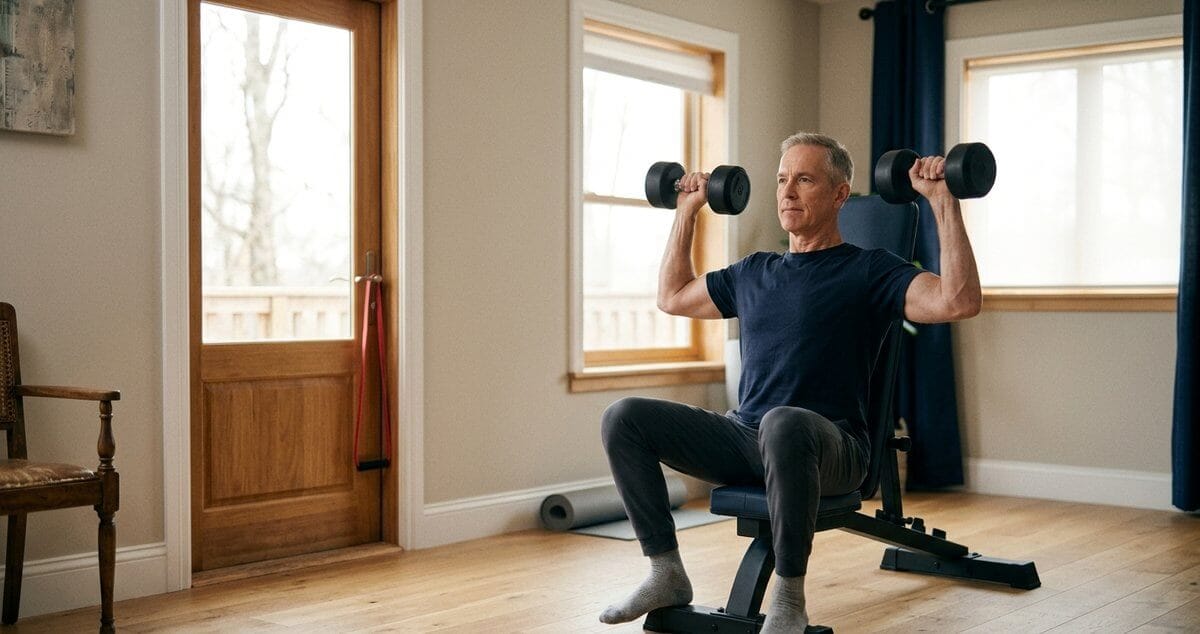Man in his fifties doing a seated shoulder press with dumbbells at home